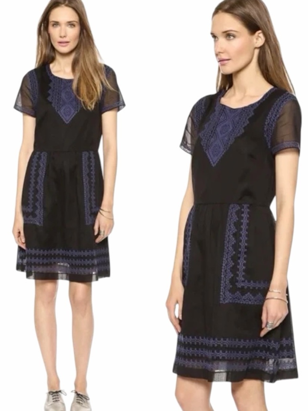 Madewell Augustine Embroidered Black & Navy Dress Size 6 #2164